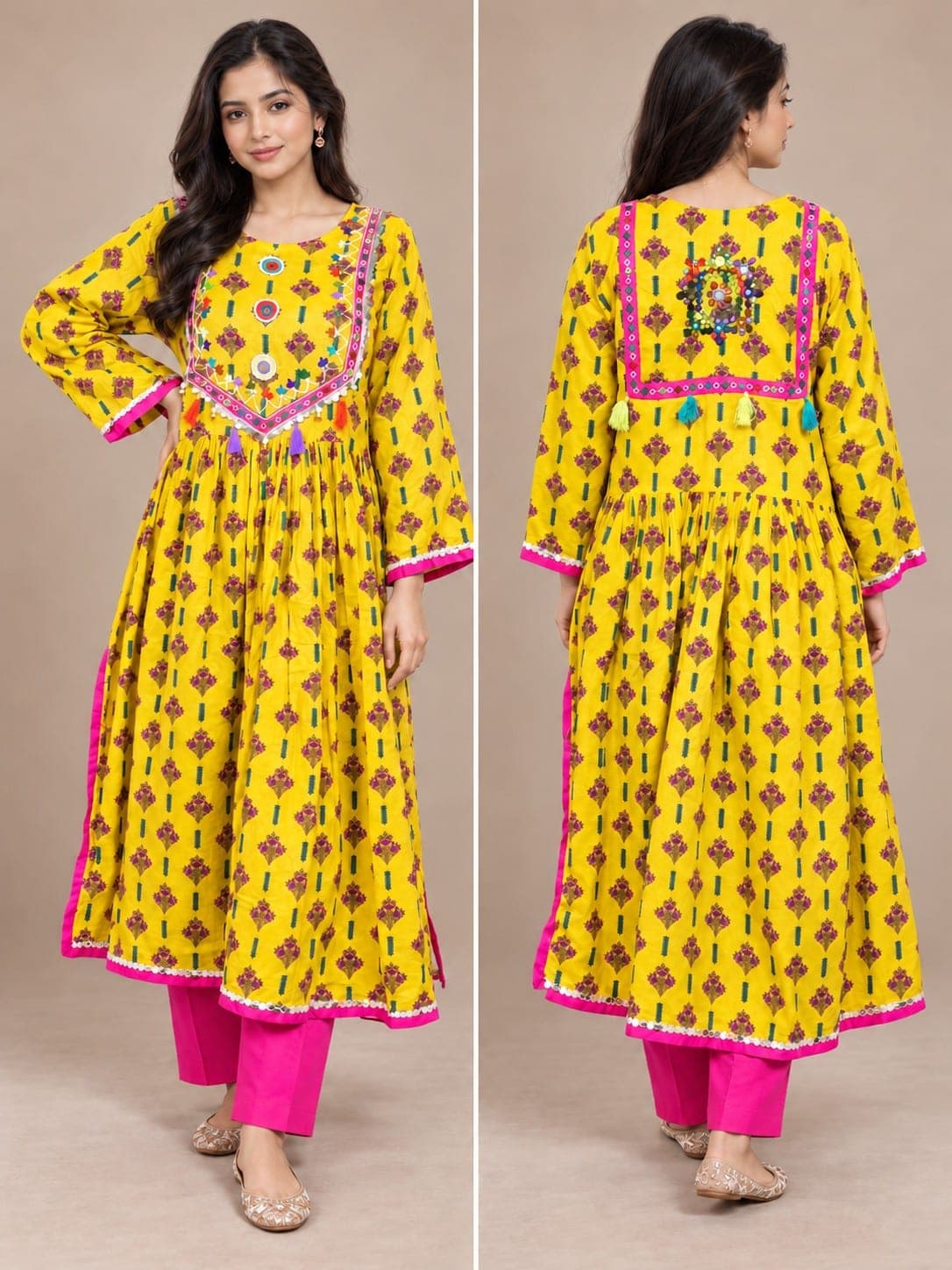 Yellow Embroidered Flared Frock