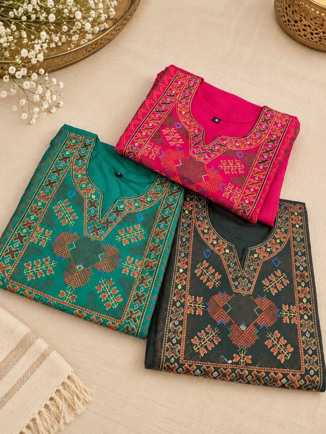 Women’s Embroidered Kurti – Pink, Teal & Dark Green