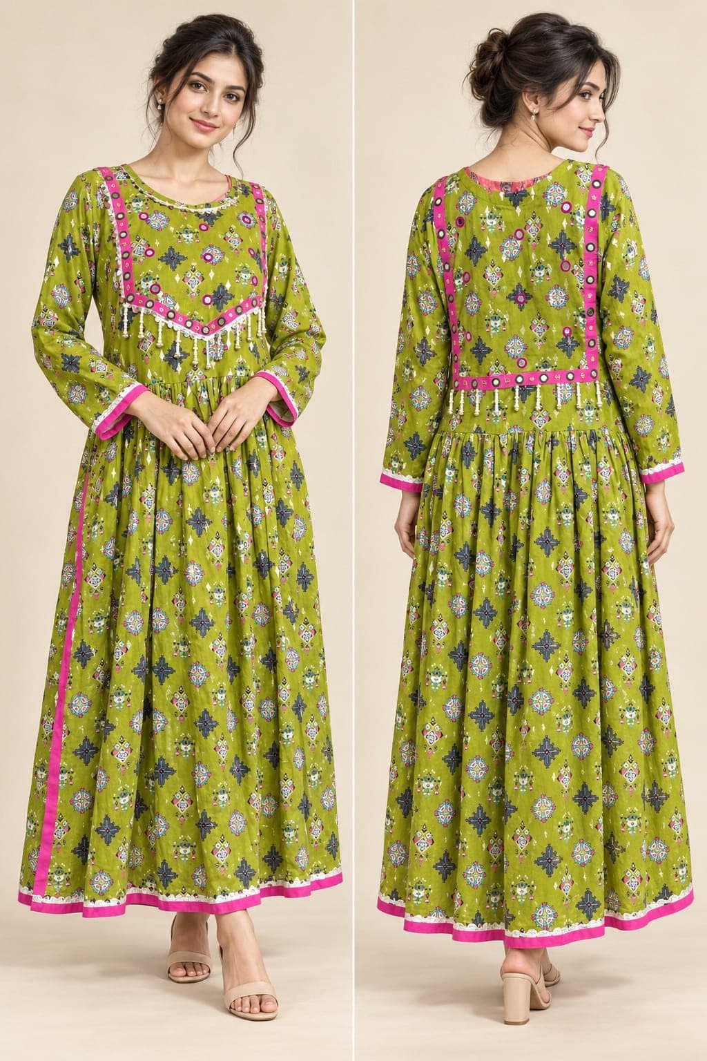 Women’s Green Printed Frock with Pink & Gold Trim Mirror