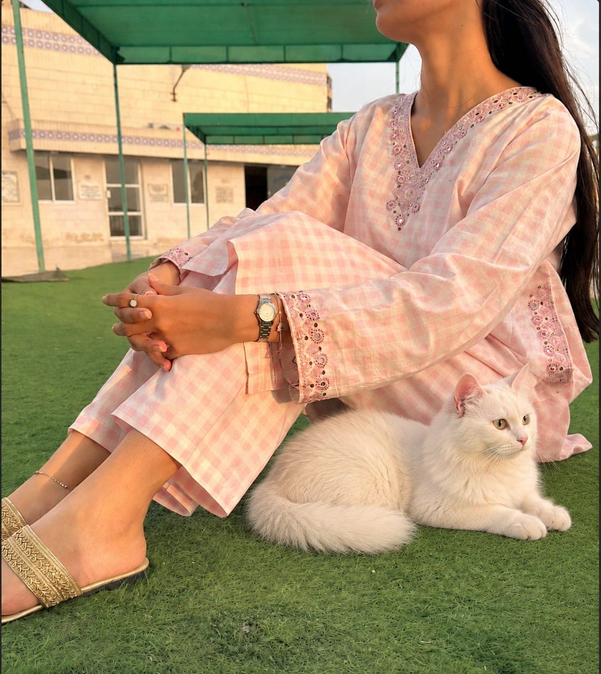 Pink Check Embroidered Two-Piece Suit