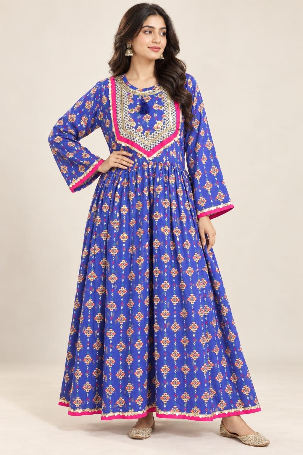 Women’s Royal Blue Printed Frock with Pink & Gold Trim