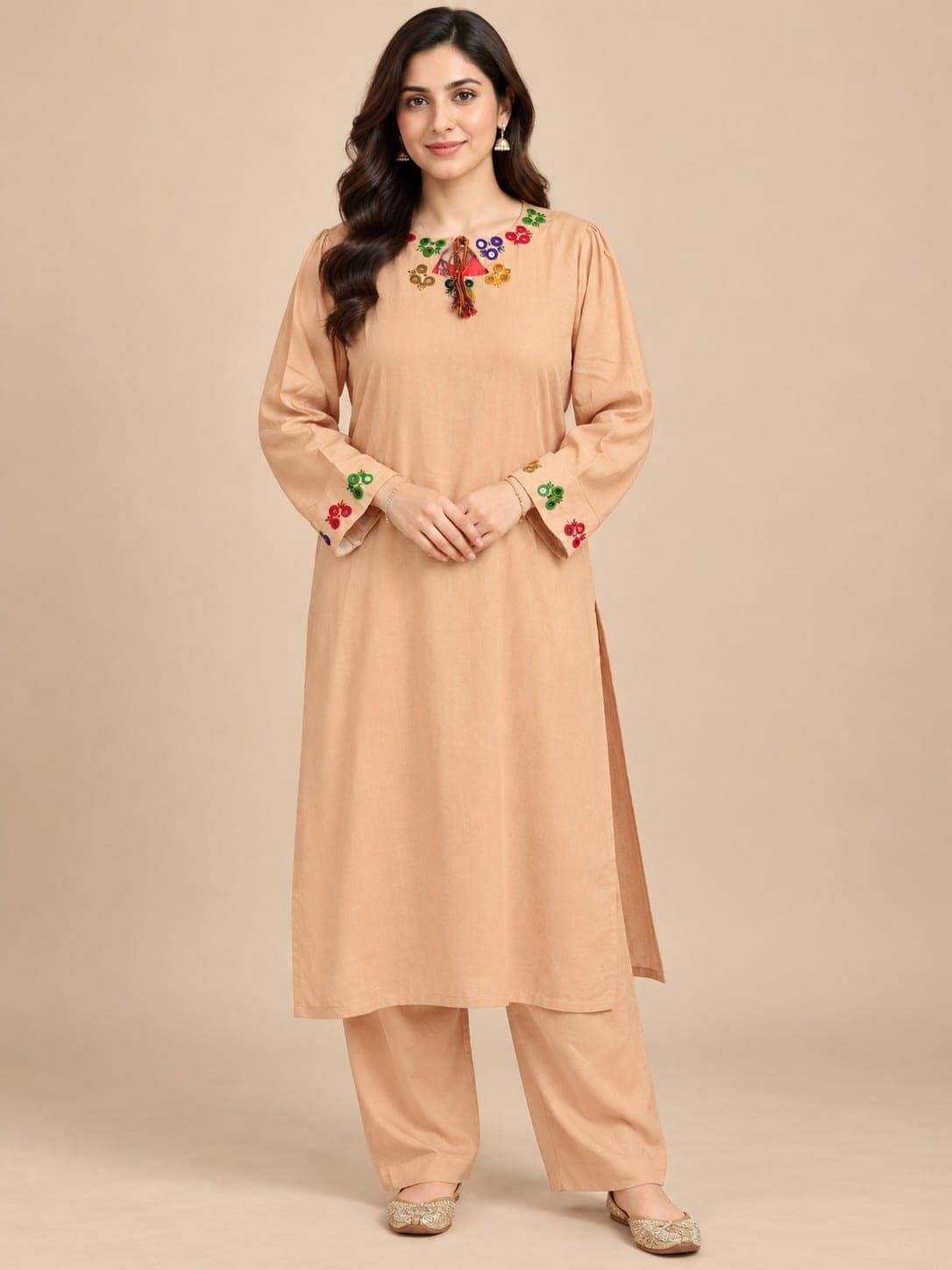 Camel Embroidered Two-Piece Suit