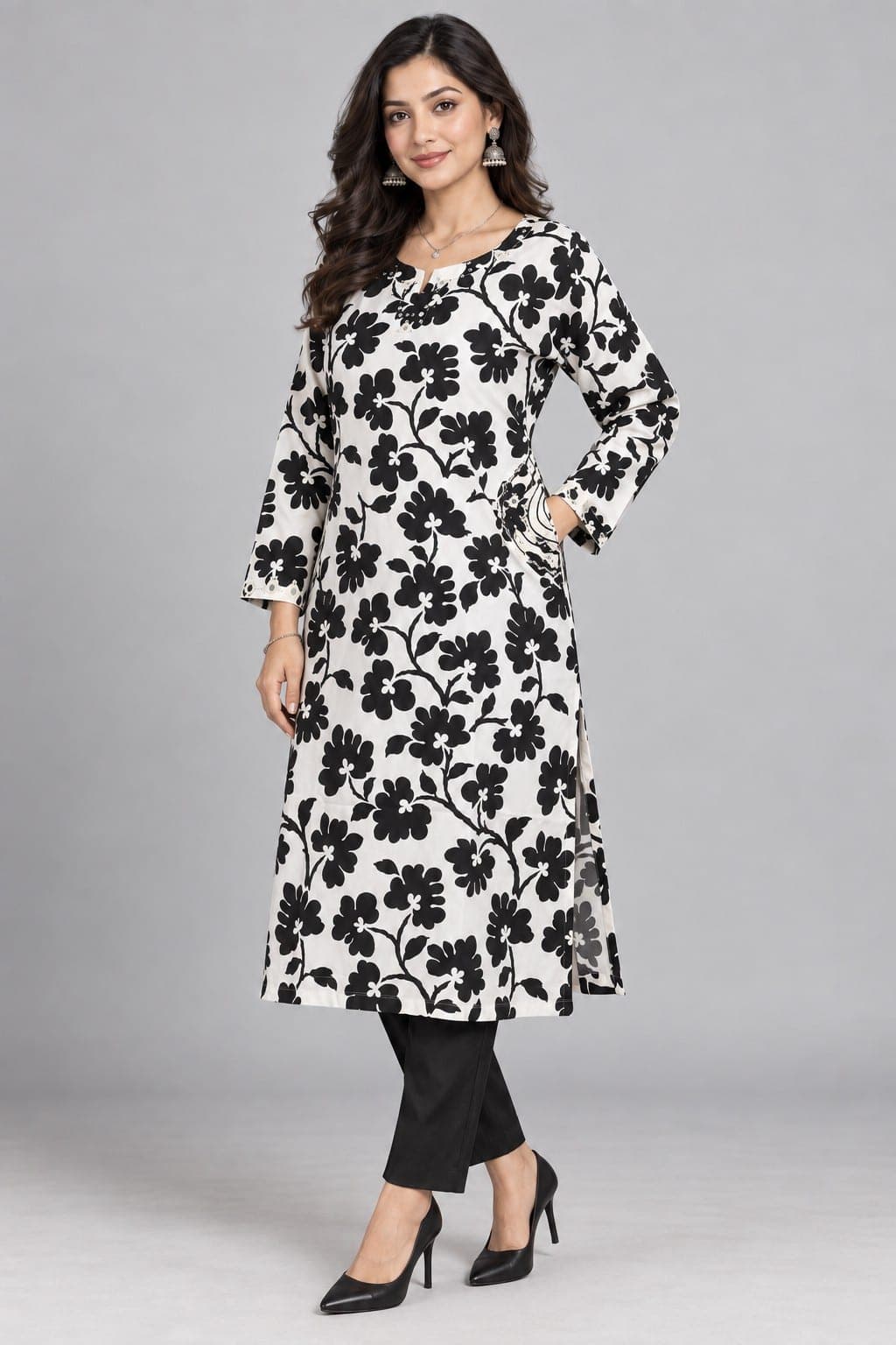 Black & White Floral Kurti with Embellished Pockets