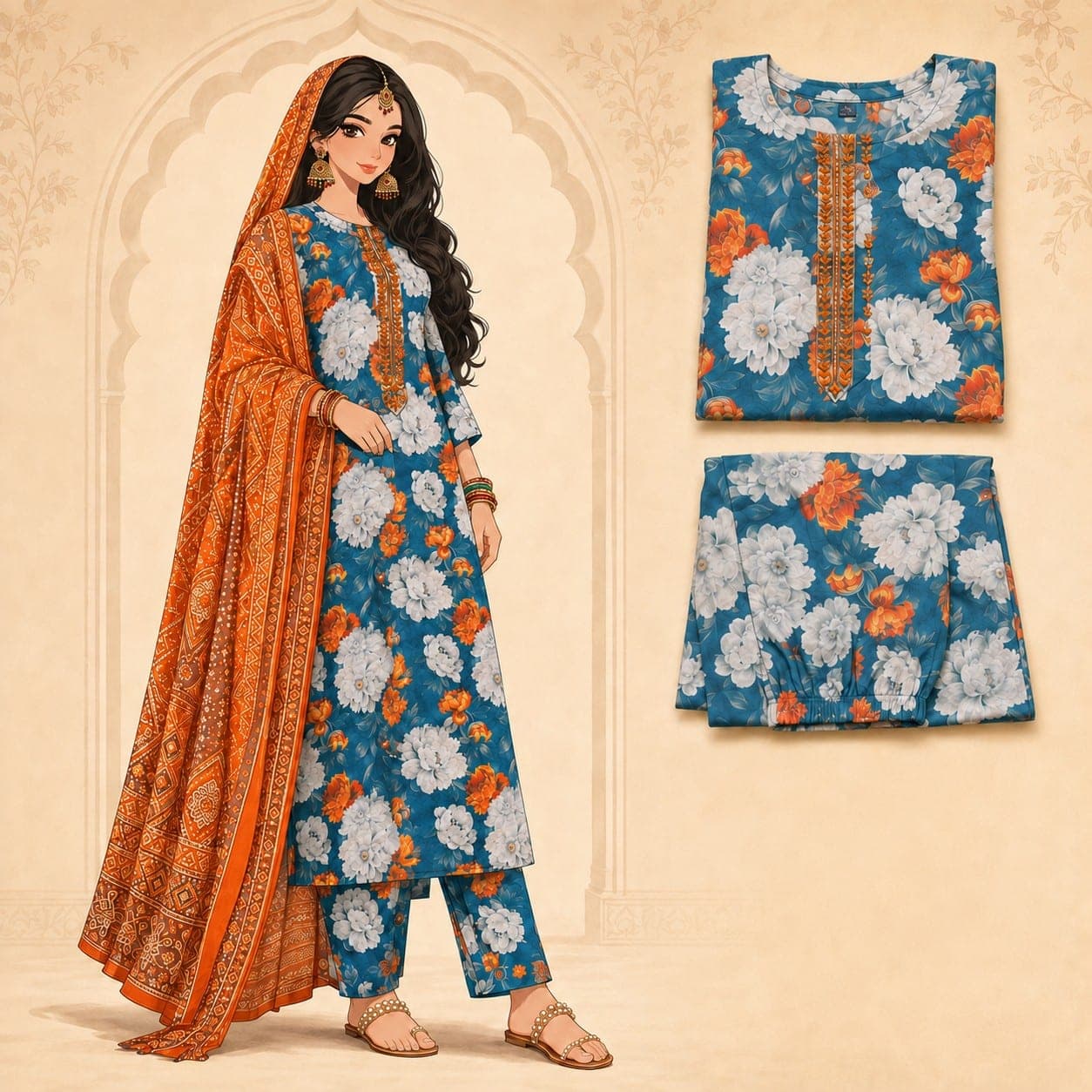 Blue Floral Printed Two-Piece Suit
