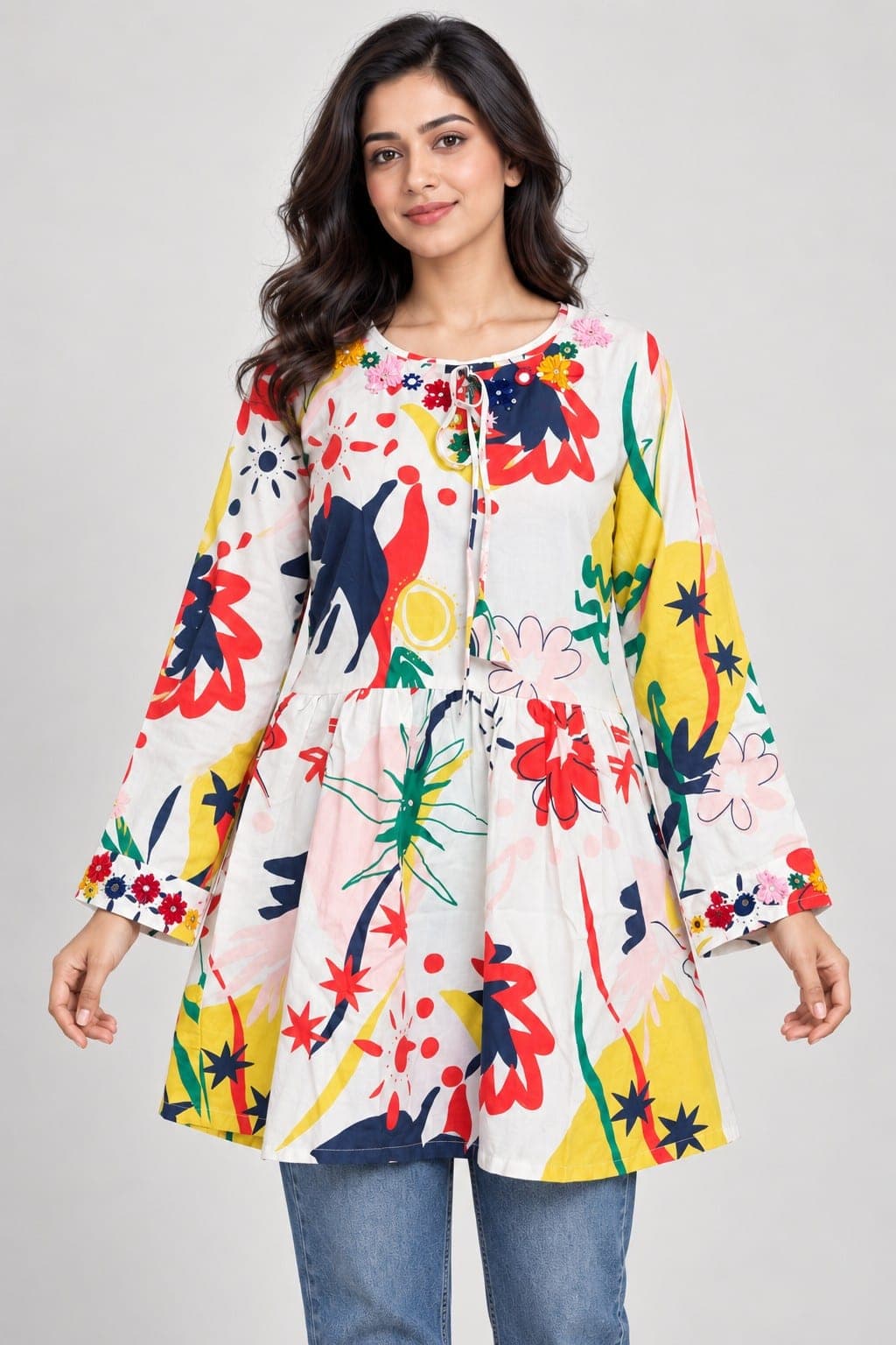 white  Printed Frock with Sindhi Embroidery