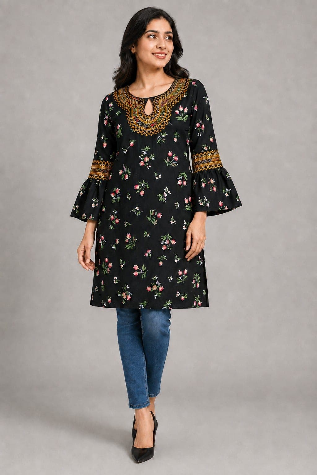 Black Floral Printed Flared Kurti