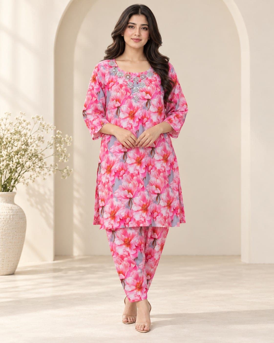 Pink Floral Embellished Two-Piece Suit