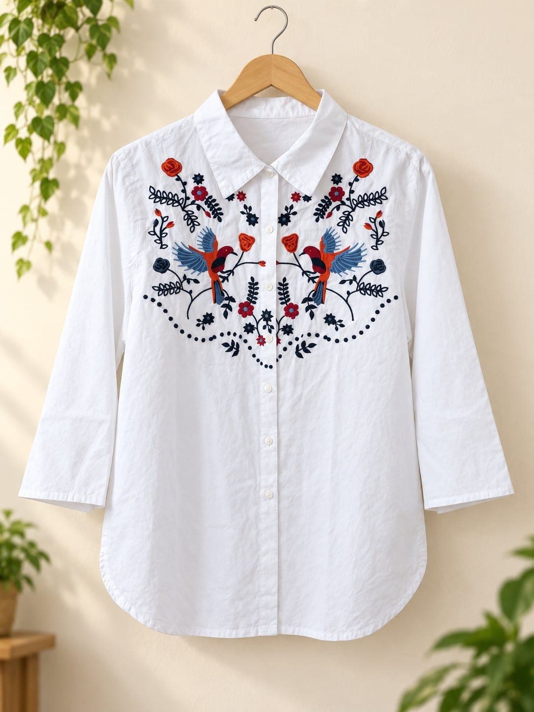 Women’s White Button-Down Top with Bird & Floral Embroidery