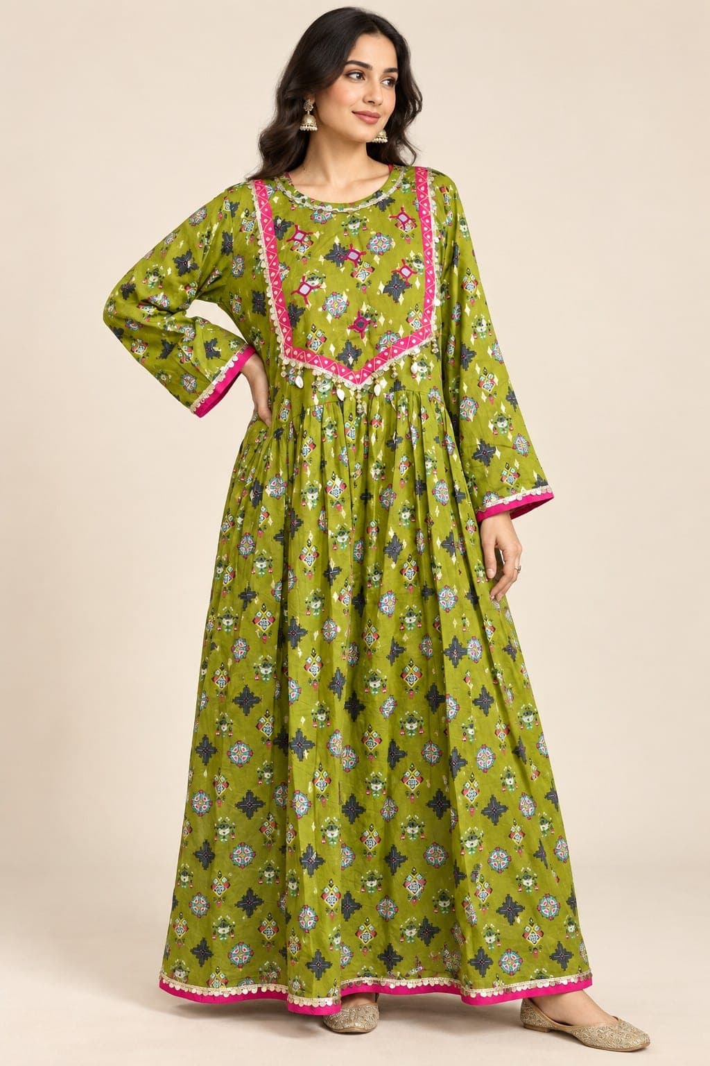 Women’s Green Printed Frock with Pink & Gold Trim