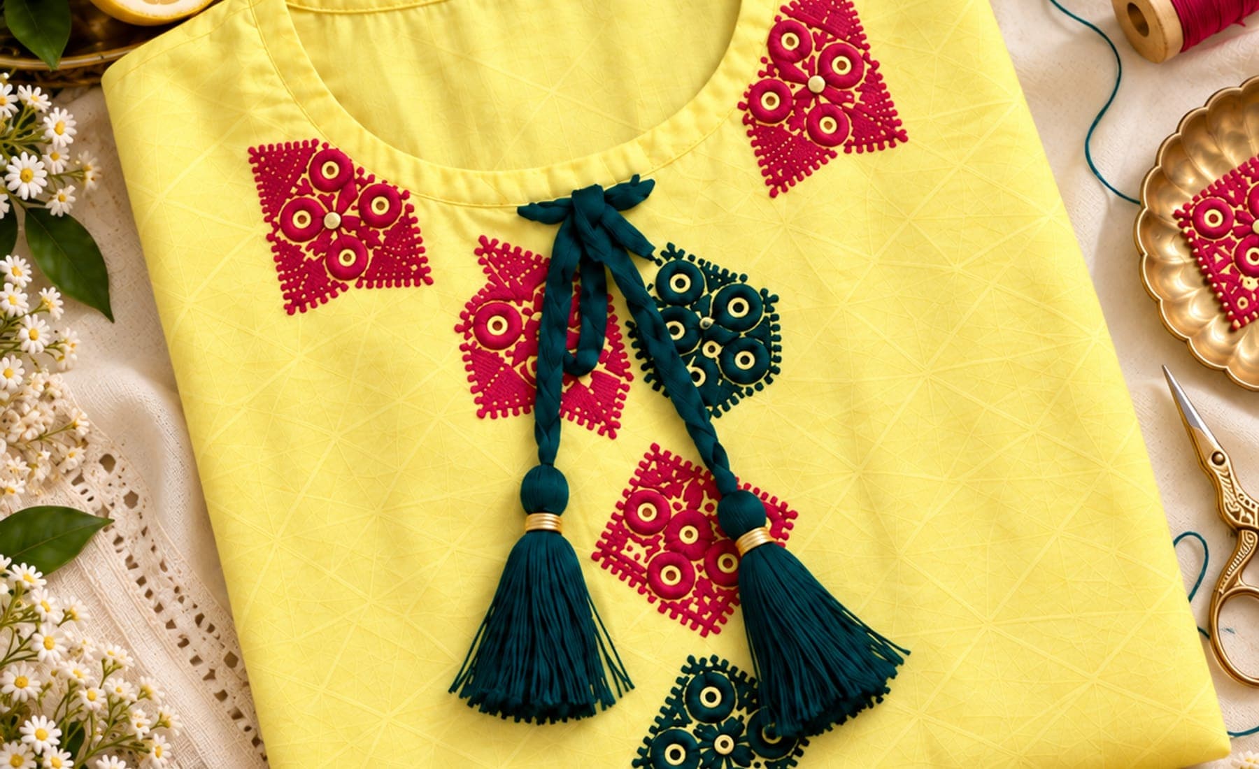 A lemon-yellow shirt laid out with embroidery thread, scissors and flowers