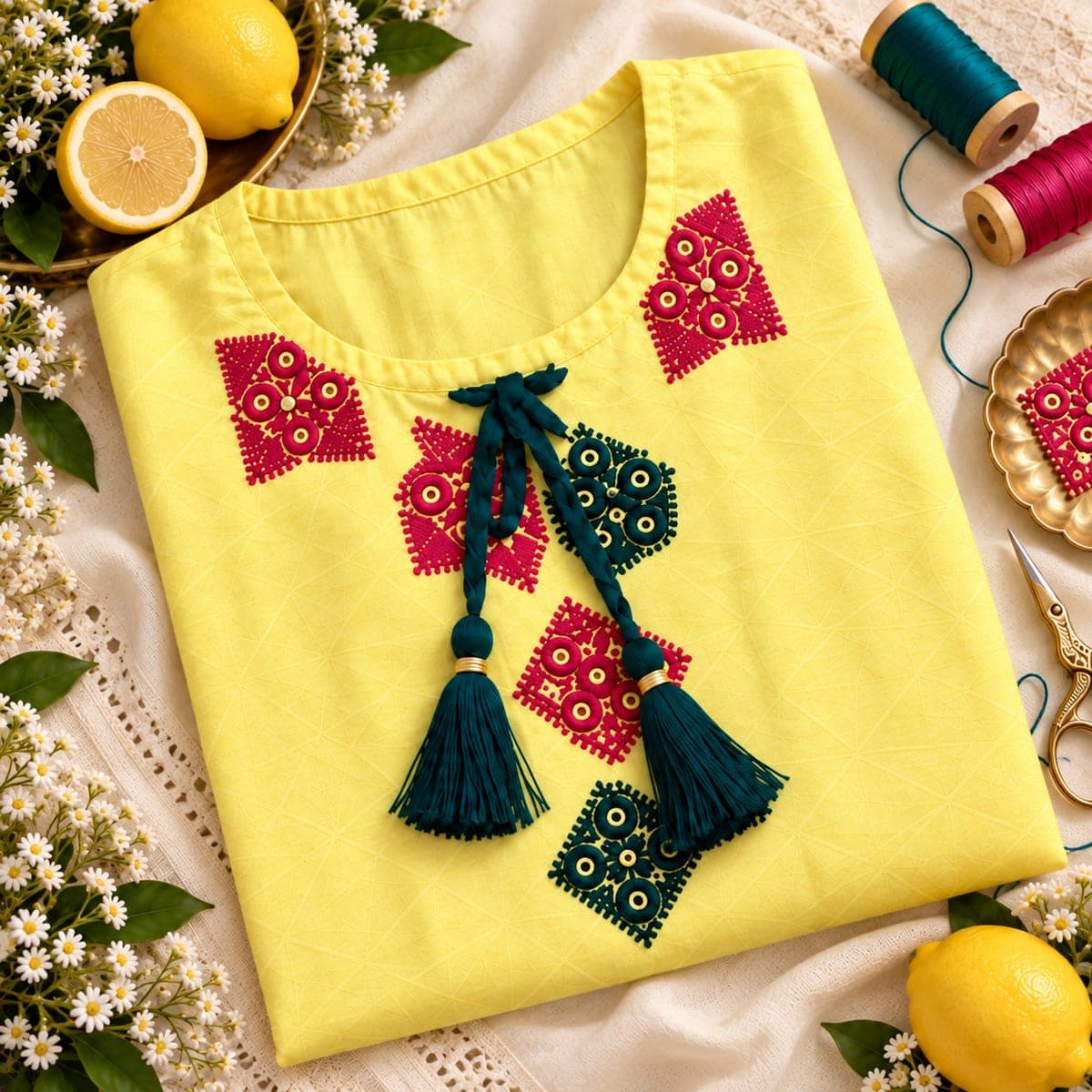A lemon-yellow shirt laid out with embroidery thread and scissors