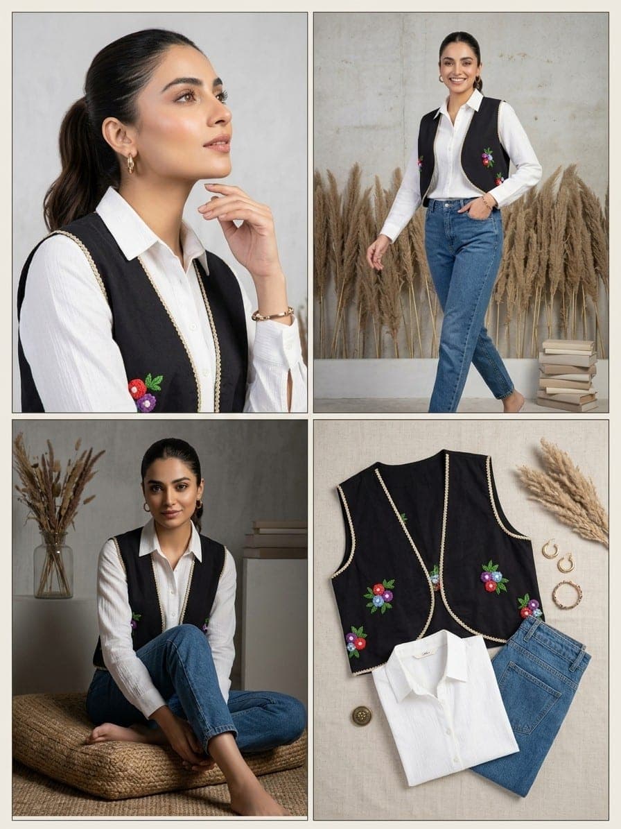 Women’s Black Floral Embroidered Waistcoat
